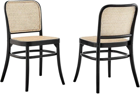 Modway Winona Elm Wood Cane Rattan Seat, Dining Side Chair - Set of 2, Black