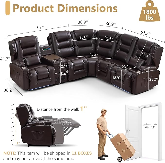 SAMERY Recliner Sectional Couch, Power Reclining Sectional Sofa, Wall Hugger Recliners RV Couch with Corner Couch, Flip-Backrest, Lift-Top Table, Ambient Lights, USB, Faux Leather, Brown | Extra Wide Seat, Plush Padding, Dual Power Recline, Lift-Up Tab...