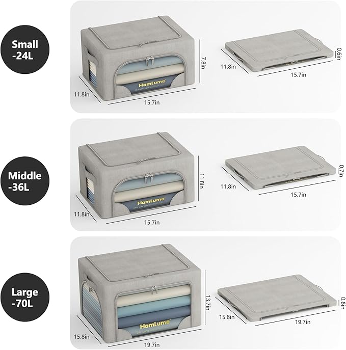 3 Packs Storage Boxes for Clothes Collapsible Storage Bins with Cedar Wood Piece, Linen with Metal Supports and Durable Handles Metal Storage box,Clear Window with Zippers (Light Grey,70L)