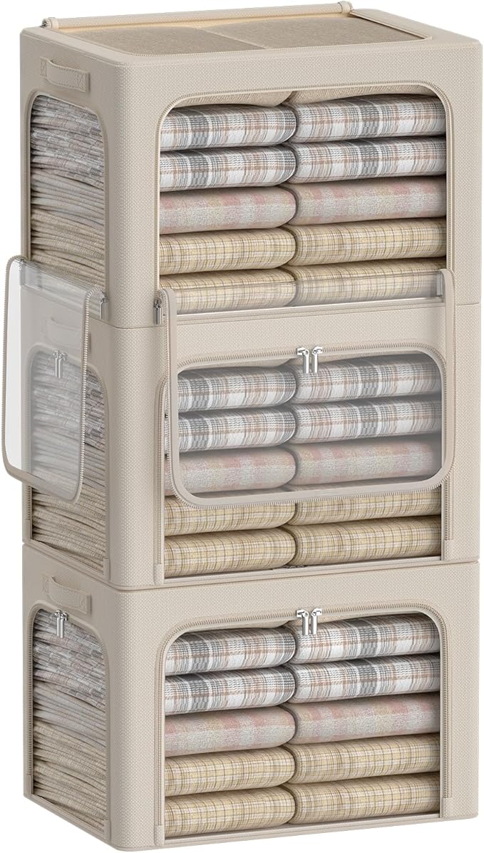 3Pack Clothes Storage Bins - Oxford Frame Storage Box Foldable Stackable Storage Organizer with 3 Openings Design, Metal Frame, Clear Window, Carry Handles (Beige, 100L-23.6 * 16.5 * 15.7in)