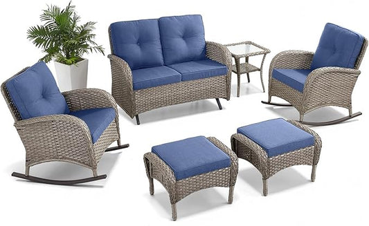 Belord 6 Pieces Wicker Patio Furniture Set with Patio Rocking Chairs, High Back Patio Conversation Set Outdoor Loveseat Glider with Ottoman and Rattan Side Table for Deck Sunroom Backyard
