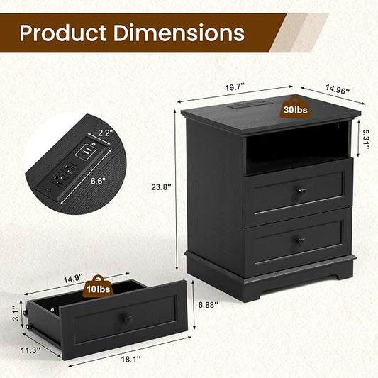 20-Inch Wide Modern Nightstand with Charging Station & Outlets, Bedside Table with 2 Drawers and Open Shelf, Sleek Design End Table for Bedroom and Office, Black (Single Piece)