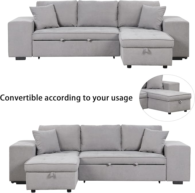 Merax Sleeper Sofa Bed with Reversible Storage Chaise Lounge and 2 Storage Ottoman, L-Shape Couch for Living Room