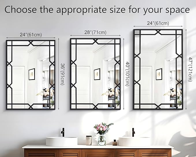 Chende Black Mirror for Wall, 24'' x 36'' Large Decorative Mirror with Metal Pipe Frame, Rectangular Wall Mirror for Living Room, Hang Vertically or Horizontally