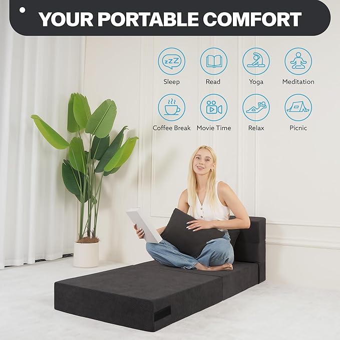 Fvkind Folding Sofa Bed, 4 in 1 Convertible Fold Out Single Chair Bed with Pillow, Memory Foam Futon Chair, Foldable Futon Couch, Foldable Sofa Mattress for Living Room, Bedroom, Guest Room, Dark Grey