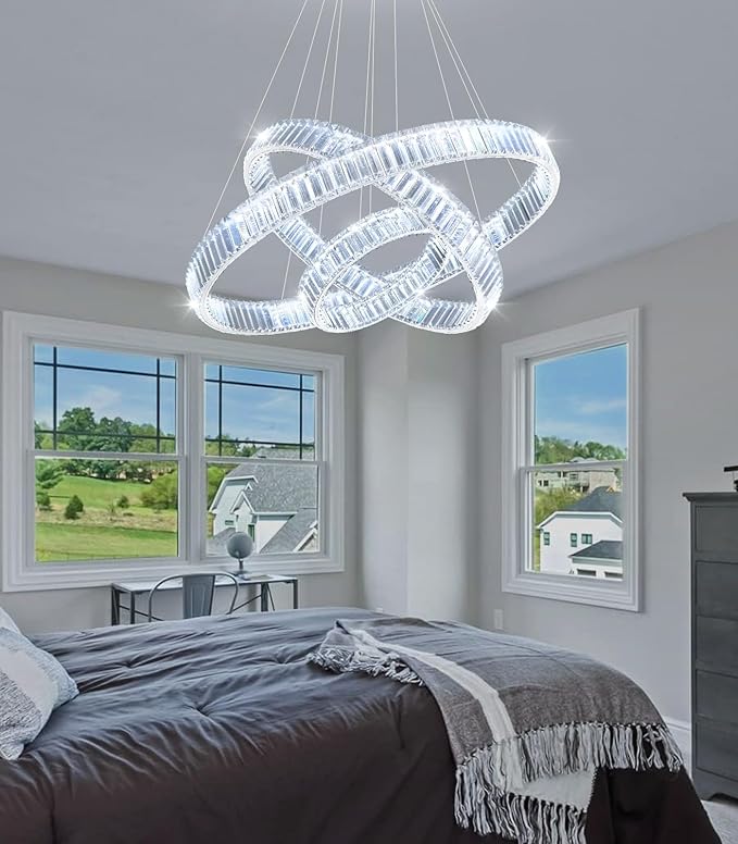 24''+16''+8'' Modern Ring Chandelier Crystal Chandeliers for Dining Room Round LED Dimmable Ceiling Light Fixture for Living Room Bedroom Lighting Silver