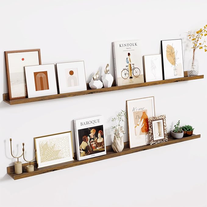 Fun Memories Picture Ledge Shelves Set of 2-55 Inch Shelves with Lip - Large Nursery Bookshelf for Storage - Floating Shelf Wall Mounted for Living Room - Bedroom -Kitchen - Rustic Brown