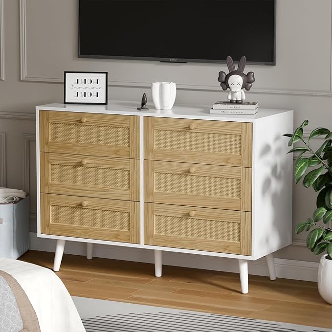 6 Drawer Rattan Dresser for Bedroom, Wooden Dresser Chest with Handles for Bedroom, Living Room and Hallway, White