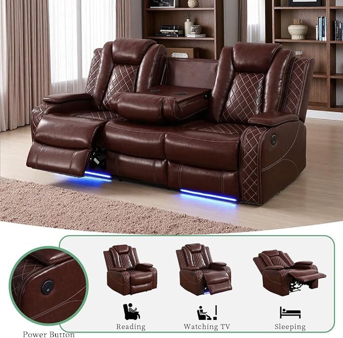 Power Reclining Sofa Sets, Breathing Leather Sofa, Living Room Furniture Sets Brown Power Reclining Sofa with 2 Recliner Seats/USB Ports/LED Light for Living Room, Office