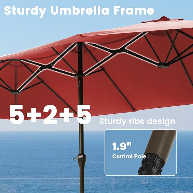Ayge 15FT Patio Umbrella with Base,Large Outdoor Double-Sided Rectangle Umbrella with Crank Handle, Market Umbrella for Poolside Garden Deck Backyard Beach Pools,Red