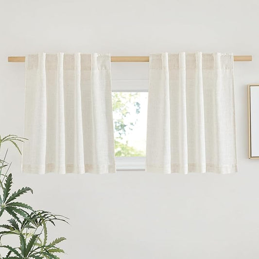 NICETOWN Natural Linen Cafe Curtains 24 inches Long, Rod Pocket & Back Tab Semi Sheer Flax Window Treatments Rustic & Cute for Kitchen/Nursery, W37 x L24, 2 Panels