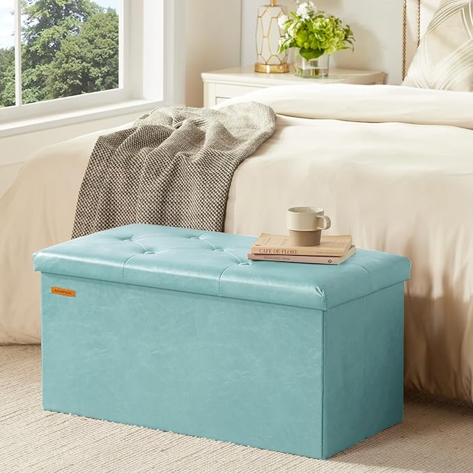HAUSFRAU - Storage Ottoman Bench, 30 Inches Button Tufted Upholstered Ottoman Footstool with Storage for Living Room Bedroom Entryway, Load 660 lb, Synthetic Leather, Light Blue