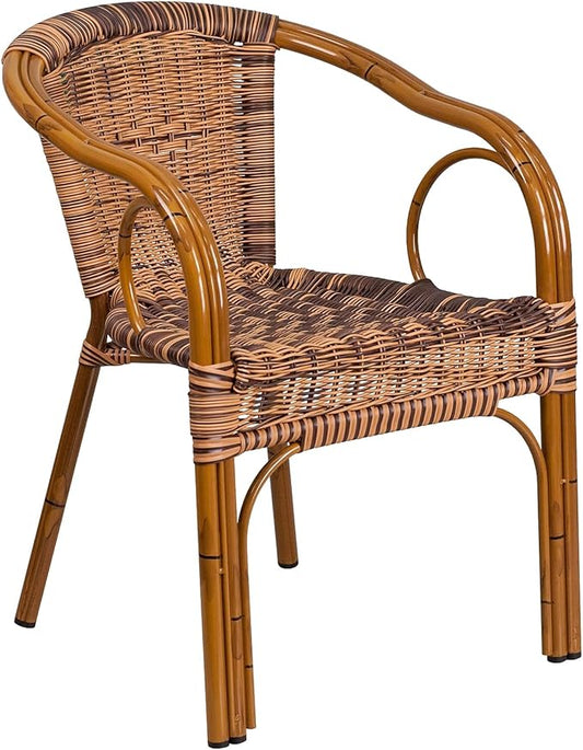 Flash Furniture Cadiz Series Dark Red Bamboo-Aluminum Indoor-Outdoor Restaurant-Patio Chair with Burning Brown Rattan