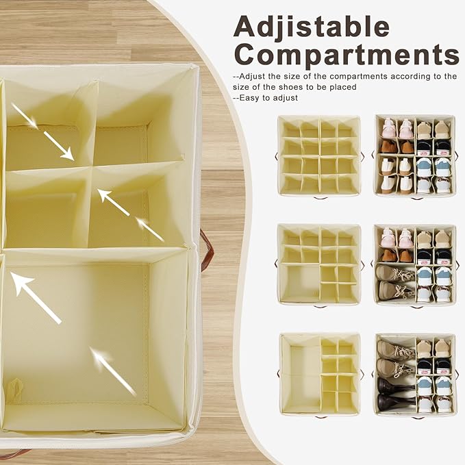 Shoe Organizer for Closet, Shoe Storage Box, Foldable Shoe Box with Adjustable Dividers and Clear Cover, Closet Shoe Organizer Fits up to 16 Pairs, 1-Pack, Extra Storage Pocket for Socks