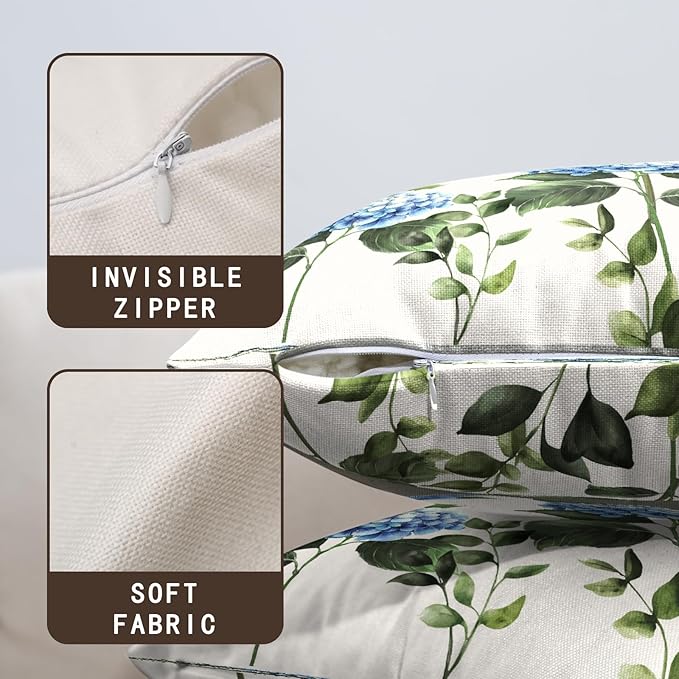 Blue Hydrangea Flower Pillow Covers 16x16 Set of 2 Spring Watercolor Floral Outdoor Throw Pillow Case Summer Green Leaf Seasonal Decorative Cushion Covers for Living Room Couch Sofa Porch