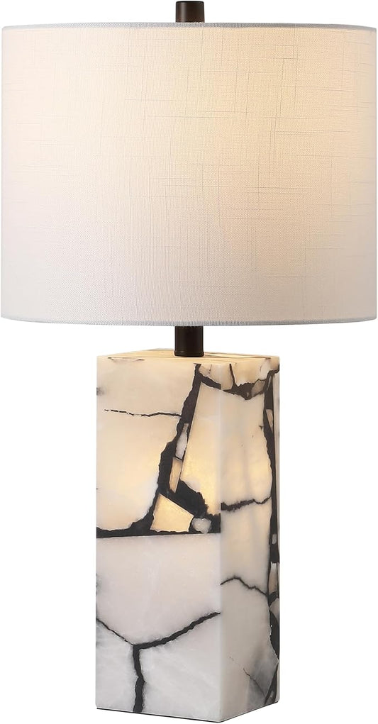 JONATHAN Y 24.25" Black/White Modern Alabaster LED Table Lamp for Home Decor, White Linen Shade, Coastal Nightstand Lamp with Built-in Base Accent Light (JYL8507A)