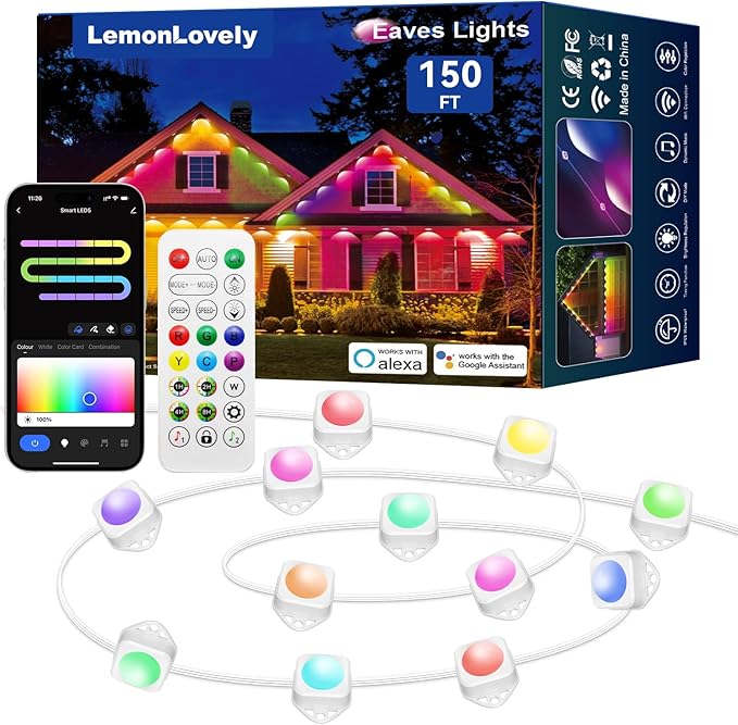 Permanent Outdoor Lights for House, RGB+IC IP67 Waterproof Smart Eave Lights 150ft with 108 LED, Eternity Lighting for Holiday Daily Decor, Work with Remote, APP
