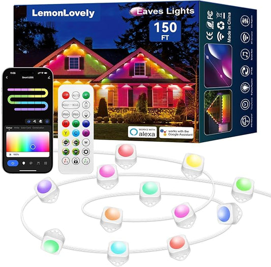 Permanent Outdoor Lights for House, RGB+IC IP67 Waterproof Smart Eave Lights 150ft with 108 LED, Eternity Lighting for Holiday Daily Decor, Work with Remote, APP