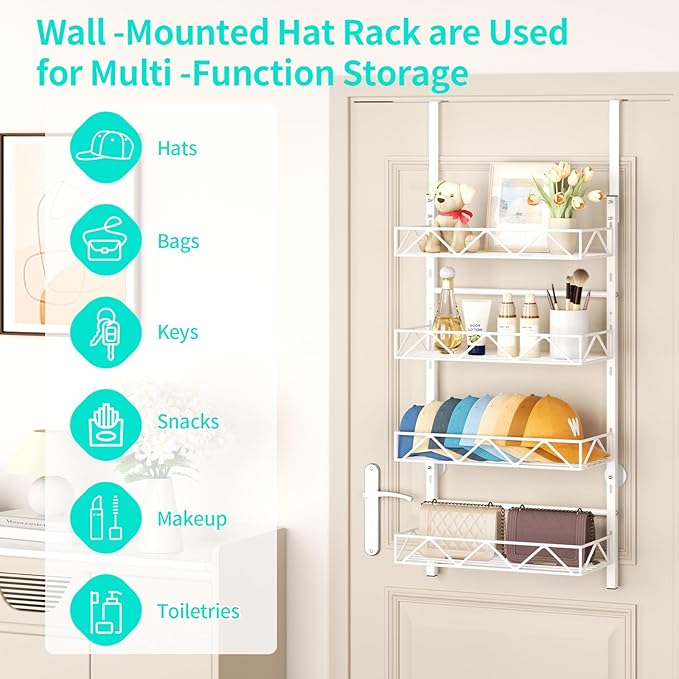 HapiRm Over the Door Hat Organizer - 4 Tier Wall Mounted Hat Rack with 4 Adjustable Metal Basket, Baseball Caps Organizer Storage Holds up to 40 Caps for Door, Bedroom, Closet (White)