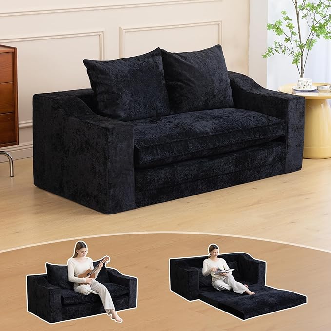 61" Convertible Sofa Bed Loveseat, Memory Foam Boneless Floor Couch with Removable Plush Velvet Cover, Tri-folding Compact Full-size Sleeper for Small Living Room, Playroom, Guest Room, RV (Black) | Convertible Sofa Bed, Premium Memory Foam, Ergonomic ...