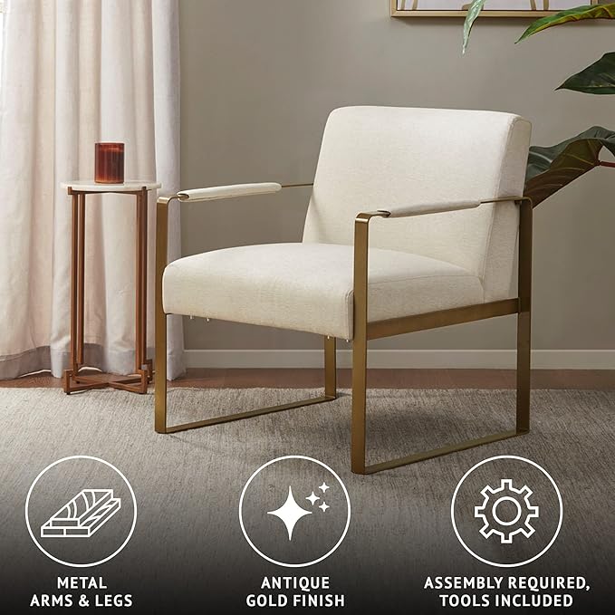 Martha Stewart Upholsterd Accent Chair Living Room Furniture - Modern Design, Comfortable Foam Seat Cushion Bedroom Lounge, Sophisticated Finished, Sturdy Frame, Cream/Gold, 28.5" W x 29" D x 32.5" H