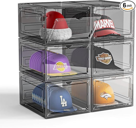 Hat Organizer Box for Baseball Caps, 6 Pack Plastic Hat Storage Display Case with Magnetic Door, Hat Holder Rack for Closet, Snapback Organizer, Hold 8 Caps Each, Black