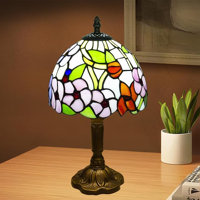 Crefotu Tiffany Style Table Lamp, 3 Color Temperatures Bedside Lamp, 8 Inch Stained Glass Desk Light for Home Office Bedroom Living Room (Four-Leaf Flower Pattern)