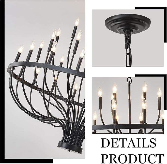 HHR 48-Inch Farmhouse Foyer Chandelier Entryway High Ceiling, 33-Light Candle Chandelier Light Fixtures Modern Black Chandeliers for Dining Room Bedroom Hallway Kitchen Living Room