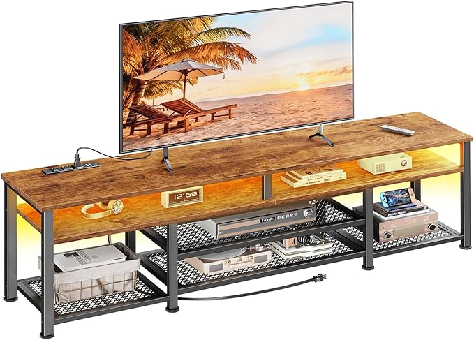 Furologee 71 Inch TV Stand with Power Outlets and LED Lights, Entertainment Center for 65 75 80 Inch TV, Media Console Table with Open Shelves, for Bedroom, Living Room, Rustic Brown