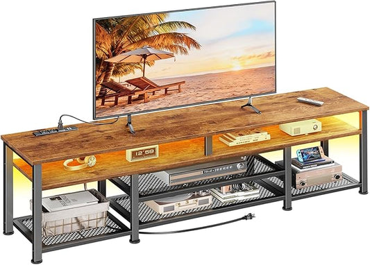 Furologee 71 Inch TV Stand with Power Outlets and LED Lights, Entertainment Center for 65 75 80 Inch TV, Media Console Table with Open Shelves, for Bedroom, Living Room, Rustic Brown