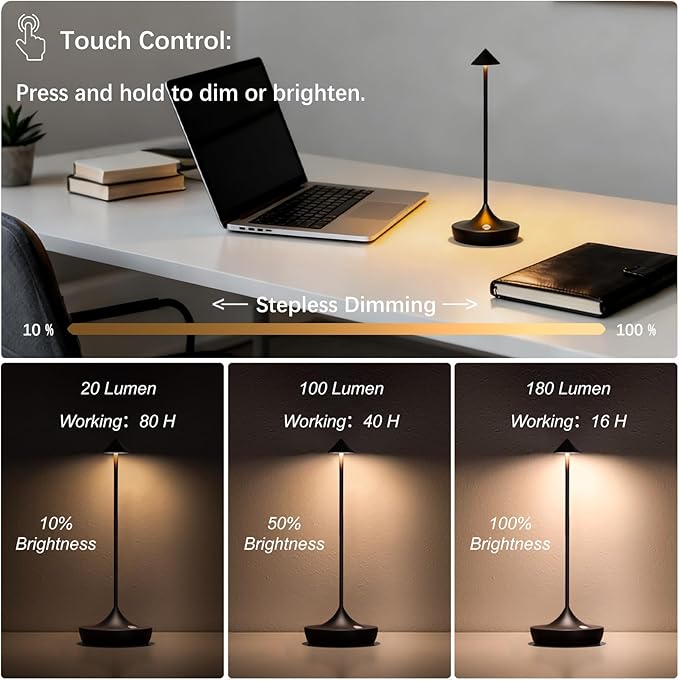 2-Pack Cordless Rechargeable LED Table Lamps, Metal, 3 Color Touch Stepless Dimmable, IP54 Waterproof Portable Battery Operated for Outdoor Dining Patio Restaurant Home Decor, Mocha