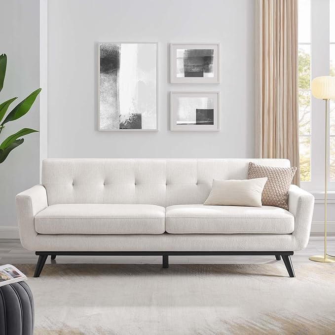 Modway Engage Mid-Century Modern Herringbone Fabric Sofa in Ivory