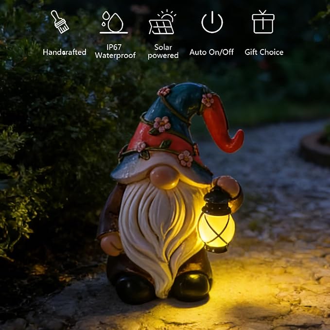 Garden Gnomes Statues with Solar LED Light - Mini 4.9 inch Gnome Sculptures for Porch Balcony Patio Yard Lawn Balcony Home Decor Mother's Day Birthday Gifts for Women