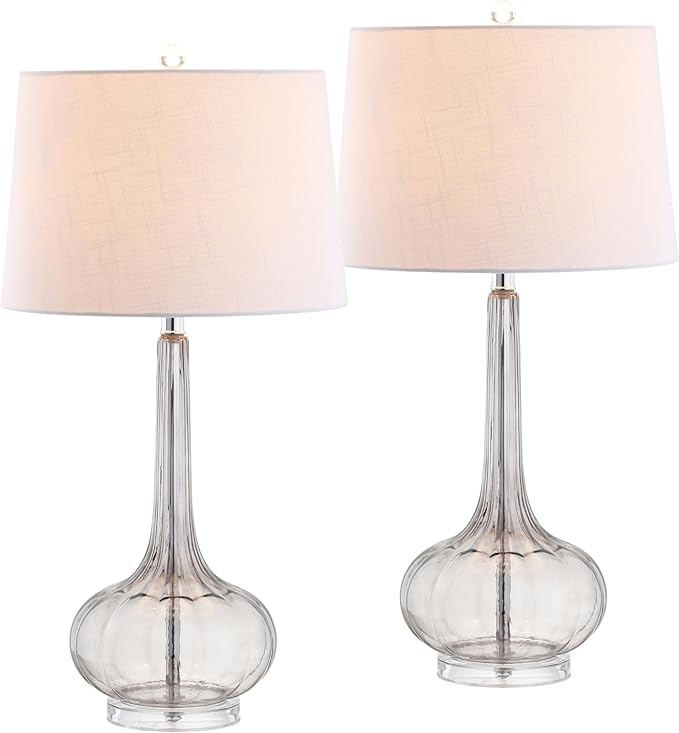 JONATHAN Y 28.5" Smoke Gray Glass Teardrop LED Table Lamp Set of 2 for Living Room Bedroom Nightstand, White Linen Shade Modern Transitional Bedside Desk Lamp (JYL1079D-SET2)