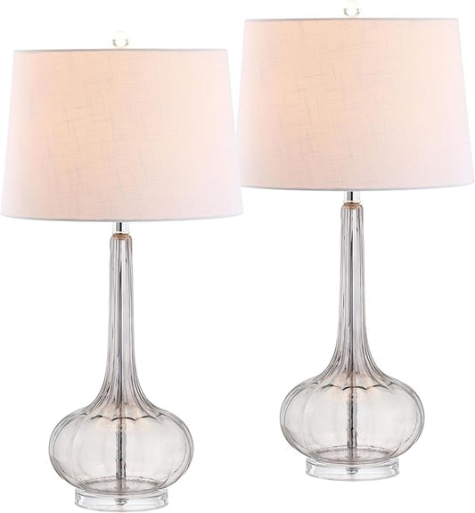 JONATHAN Y 28.5" Smoke Gray Glass Teardrop LED Table Lamp Set of 2 for Living Room Bedroom Nightstand, White Linen Shade Modern Transitional Bedside Desk Lamp (JYL1079D-SET2)