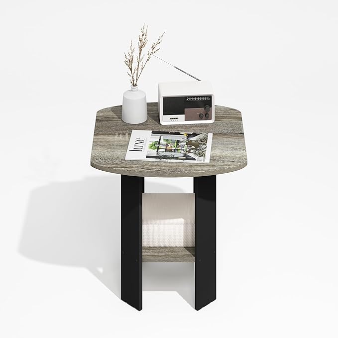 Furinno Modern Side Table, Square Round Corner End Table with Storage Shelf, Night Stand, Bedside Table, for Living Room, Bedroom, Grey Oak