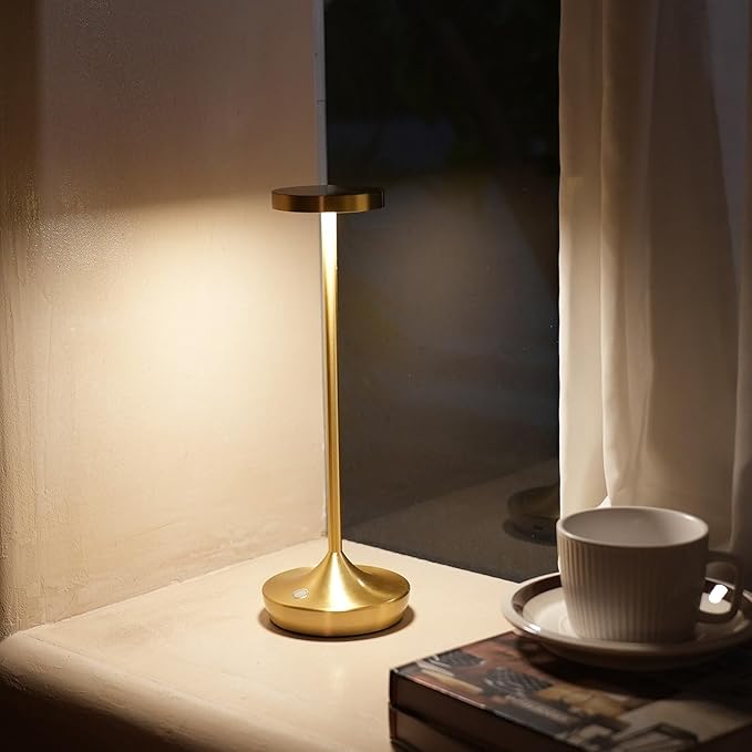 LED Cordless Table Lamp Rechargeable，Outdoor Battery Operated Desk Lamp Touch 3 Color Dimming Portable Waterproof Night Light for Patio/Restaurant/Dining/Home (Gold)