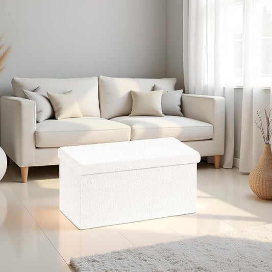 30 Inches Storage Ottoman Bench - Square Ottoman with Sherpa Top,Storage Bench for Bedroom 30" L x 15" W x 15" H - White
