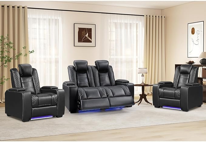 ANJ Power Reclining Loveseat, 2-Seater Electric Recliner Sofa with LED Lights, USB Charging & Cup Holders, Faux Leather Living Room Furniture for Home Theater, Small Spaces & RV (Black)