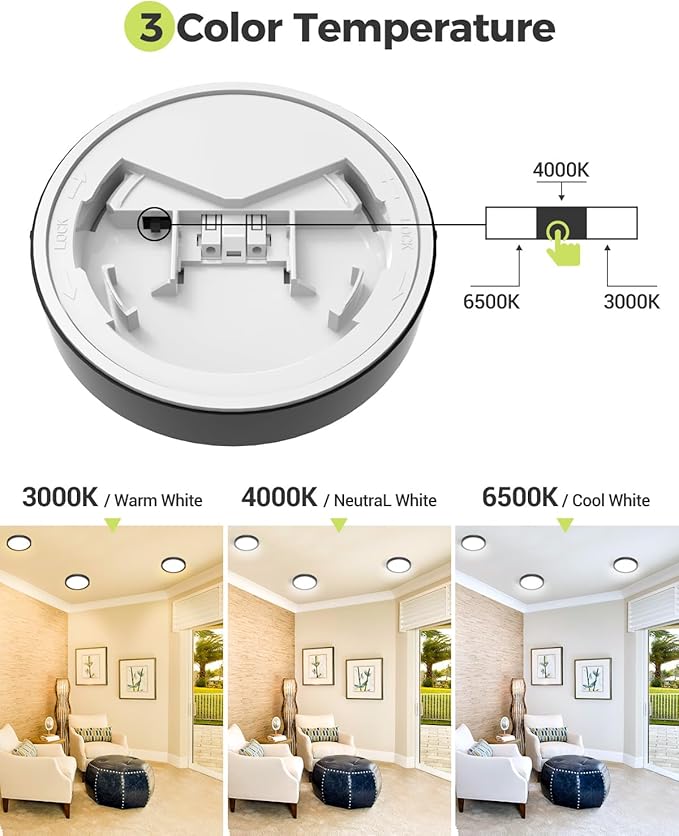 6PACK LED Flush Mount Ceiling Light Fixture Black,4.7Inch 3000k/4500k/6000K Ceiling Light, Ultra-Thin LED Recessed Ceiling Light for Bedroom, Living Room, Kitchen, Hallway