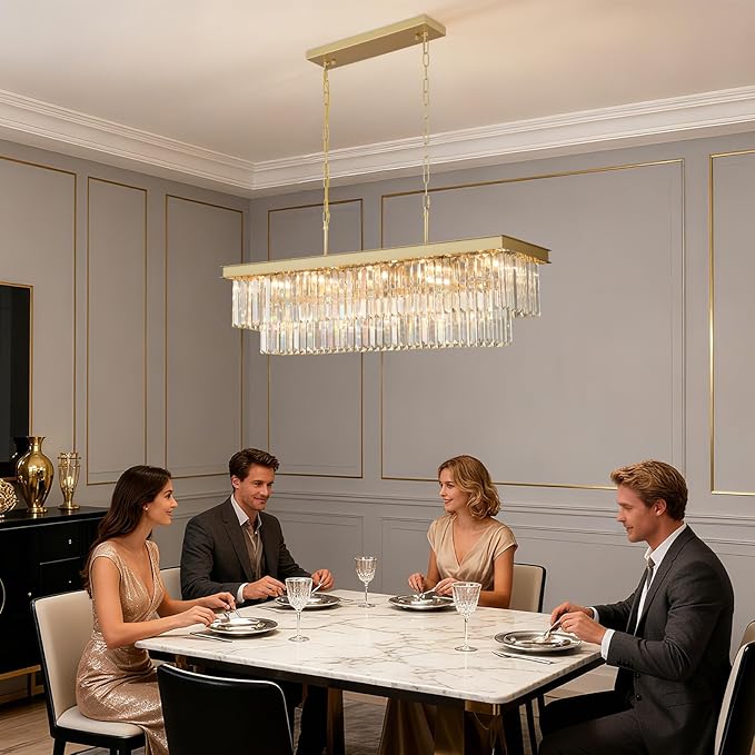 Crystal Chandeliers for Dining Room Light Fixtures Over Table，15-Lights Gold Modern Rectangle Chandeliers for Kitchen Island Bar