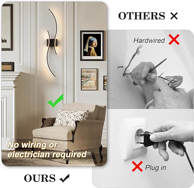 Battery Operated Wall Sconces Set of Two with Remote Control, Battery Wall Light, Stepless Colors 3000K-6000K & Dimming, Black Rechargeable Wall Sconces for Living Room, Hallway, Bedroom, 39.3 Inch