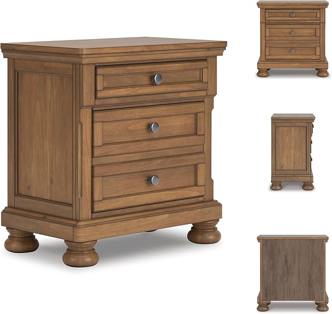 Signature Design by Ashley Glarrison Classic 3-Drawer Nightstand with Felt-Lined Top Drawer and Pull-Out Tray, Poplar Wood, Pine Veneer, Metal Knobs with Pewter-Tone Finish, 29.88" High, Light Brown