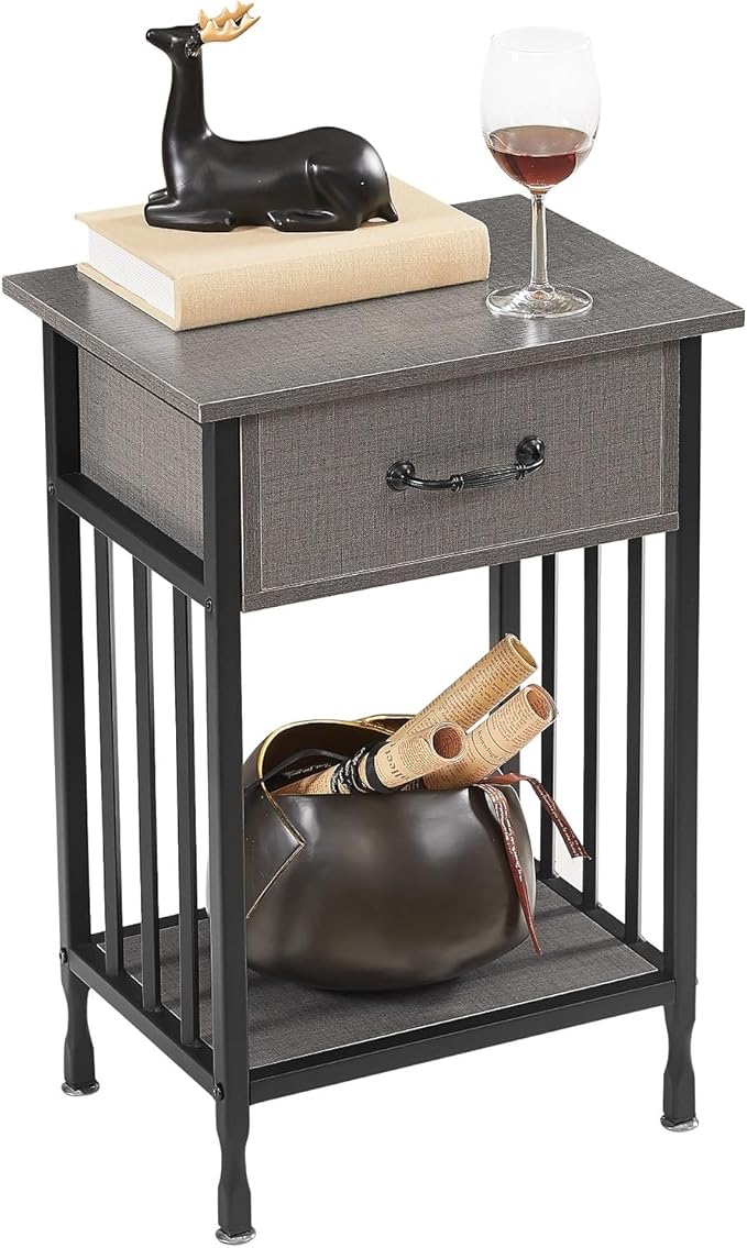 VECELO Nightstands, Industrial Side Table/End Tables with Drawer and Storage Shelf, Night Stands for Bedroom, Living Room, Wood Metal Furniture, Easy Assembly,Hemp Gray,1 Set