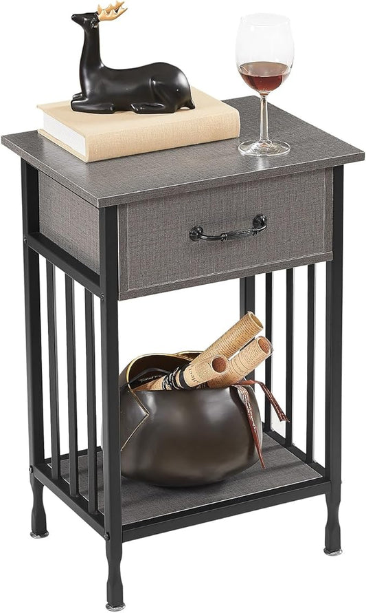 VECELO Nightstands, Industrial Side Table/End Tables with Drawer and Storage Shelf, Night Stands for Bedroom, Living Room, Wood Metal Furniture, Easy Assembly,Hemp Gray,1 Set