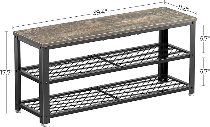 Rolanstar Shoe Bench, 3-Tier Shoe Rack, 39.4” Storage Entry Bench with Mesh Shelves Wood Seat, Rustic Foyer Bench for Hallway Front Door, Doorway, Living Room, Mudroom, Steel Frame, Gray