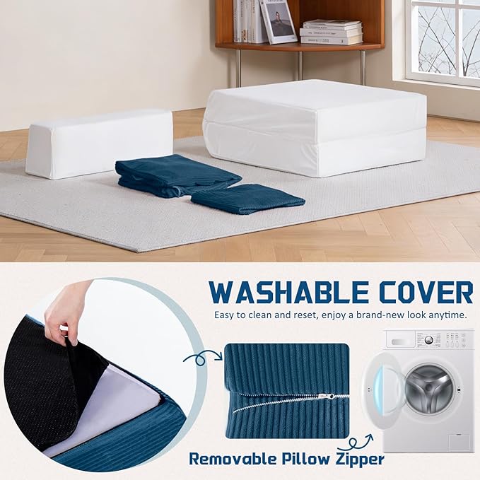 Trenda Folding Sofa Bed, 16lbs Convertible Sleeper Chair with Removable Back Pillow & Handle, Washable Cover Solid Foam Fold Out Chair Bed for Living Room, Apartment, Guest, Single, Navy Blue
