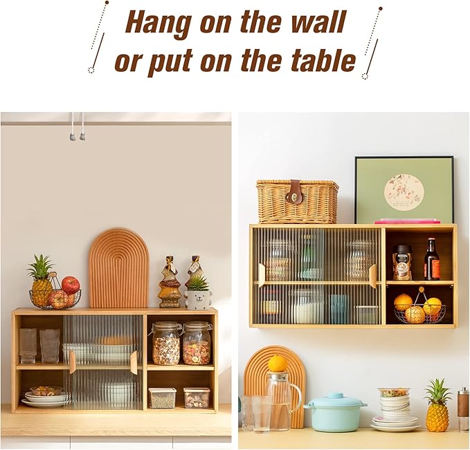 HollyHOME Bamboo Wall Mounted Kitchen Pantry Sideboard with 2 Doors and Adjustable Shelves, Freestanding Wall Storage Cabinet with Shelf for Bottle, Dish, Bowl, Console Dining Cupboard, Burlywood