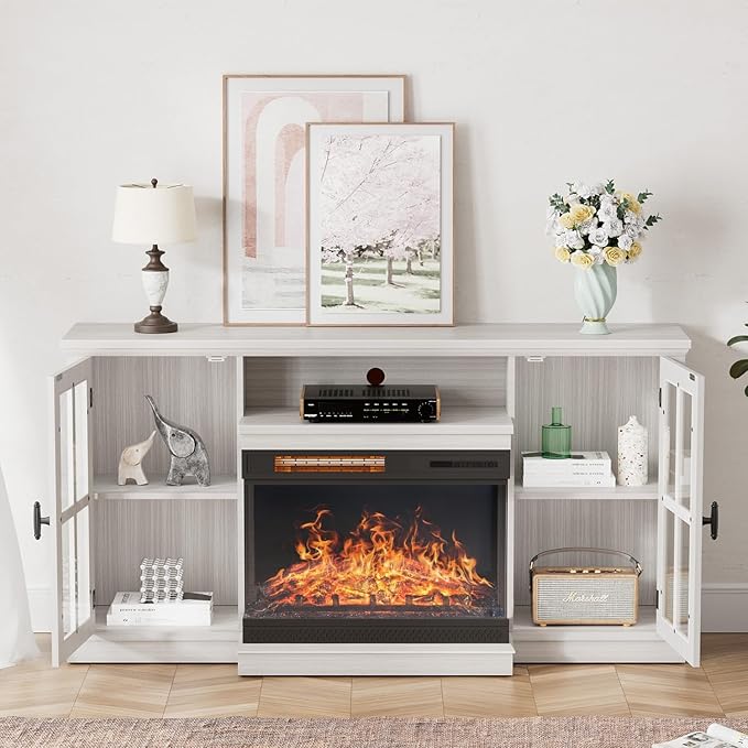 YESHOMY Glass Fireplace TV Stand for TVs up to 65 Inch, Media Entertainment Center with Storage, White Wash