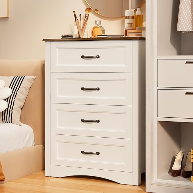 Gizoon Dresser for Bedroom with 4 Drawers Wooden Chest of Drawers for Closet Dresser Storage Unit Organizer for Hallway Living Room and Office, White and Rustic